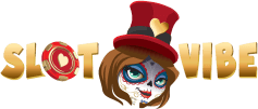 SlotVibe Online Casino Logo with Day of the Dead character, golden text, poker chip, Online Slots, Free Spins, Real Money Games
